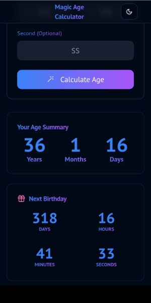 The results screen showing detailed age calculation.